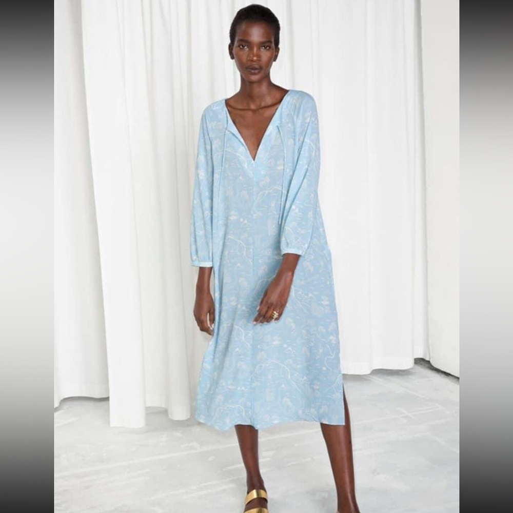 NWOT And Other Stories Blue Tropical Print Kaftan Midi Dress Size 6